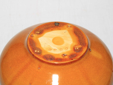 Linthorpe Pottery yellow glazed four handled jardiniere, impressed number 2222. thumbnail
