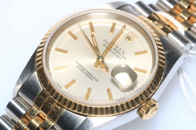 Rolex Oyster Perpetual Datejust gold and stainless steel gents watch, case 33mm across, dial 28mm, with box.