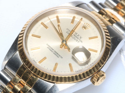 Rolex Oyster Perpetual Datejust gold and stainless steel gents watch, case 33mm across, dial 28mm, with box. thumbnail
