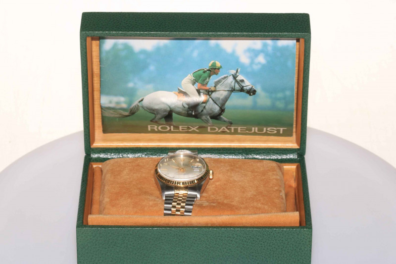 Rolex Oyster Perpetual Datejust gold and stainless steel gents watch, case 33mm across, dial 28mm, with box.