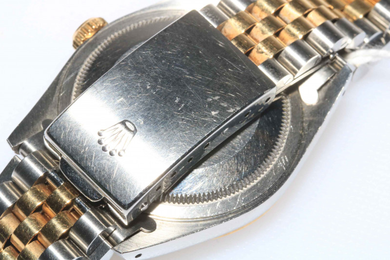 Rolex Oyster Perpetual Datejust gold and stainless steel gents watch, case 33mm across, dial 28mm, with box.