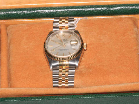 Rolex Oyster Perpetual Datejust gold and stainless steel gents watch, case 33mm across, dial 28mm, with box. thumbnail