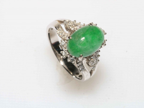 Jade, diamond and white gold ring, size R/S.