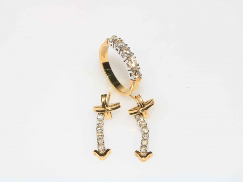 18 carat gold five stone diamond ring and pair of matching six stone diamond...