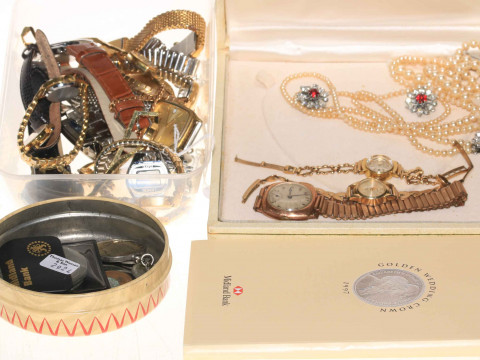 Three 9 carat gold wristwatch, various watches, coins, pearls, etc.