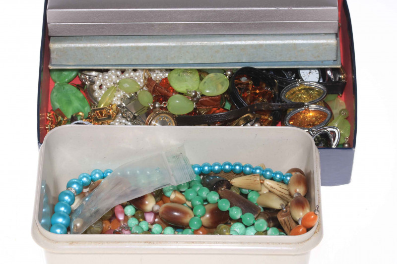 Two boxes of costume jewellery including two 9 carat gold ladies watches.