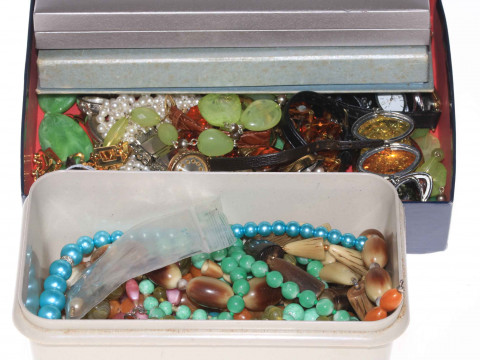 Two boxes of costume jewellery including two 9 carat gold ladies watches.
