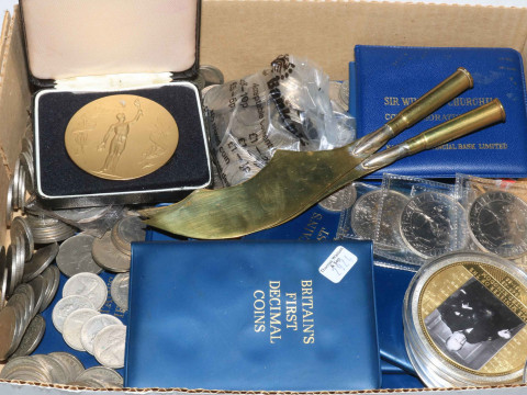 Box of coinage including gold plated.