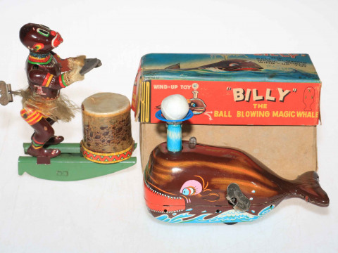 Billy The Ball Blowing Magic Whale and ethnic drumming wind up toys.