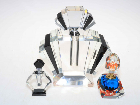 Large Art Deco style glass scent bottle together with two smaller bottles...
