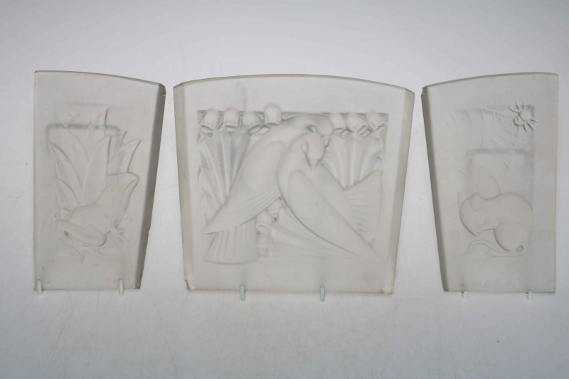 Set of three 1930's frosted glass lighting panels designed by Walter Gilbert for John Walsh Walsh.