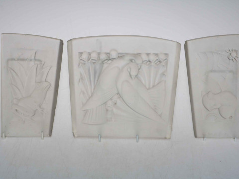 Set of three 1930's frosted glass lighting panels designed by Walter Gilbert...