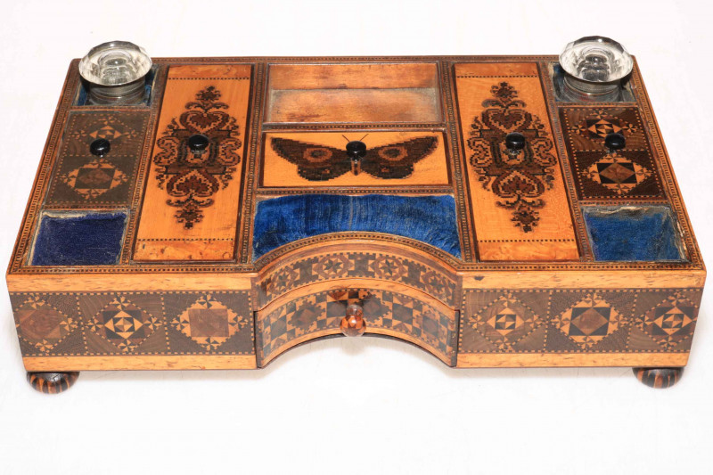 Good quality Tunbridge Ware inkstand with central butterfly decoration.
