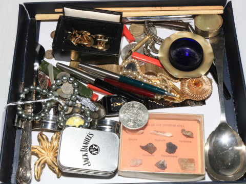 Collection of costume jewellery, pens, etc.
