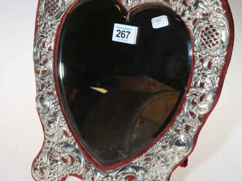 Large sterling silver mounted heart shaped boudoir easel mirror, 34cm...