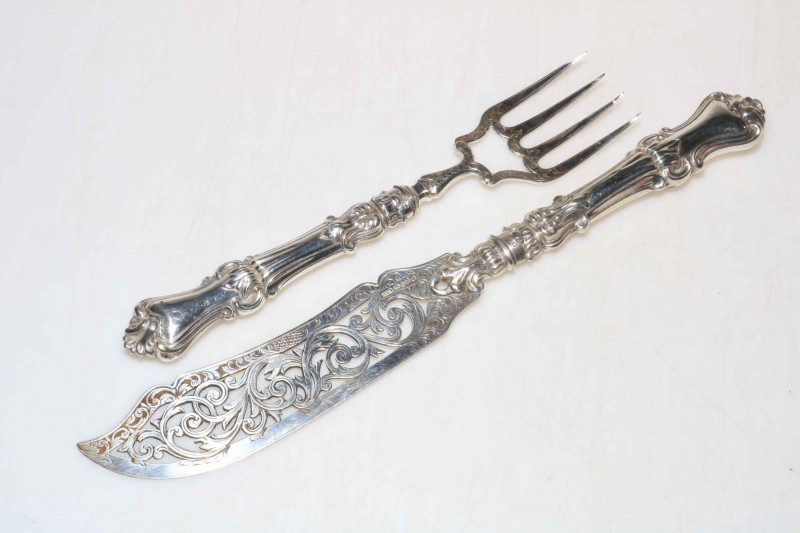 Pair Victorian silver ornate fish servers, Birmingham 1853.