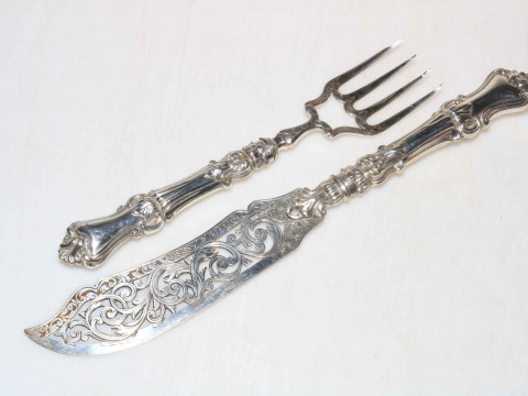 Pair Victorian silver ornate fish servers, Birmingham 1853.