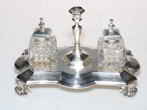 Victorian silver inkstand having engraved decoration and on scroll feet,...