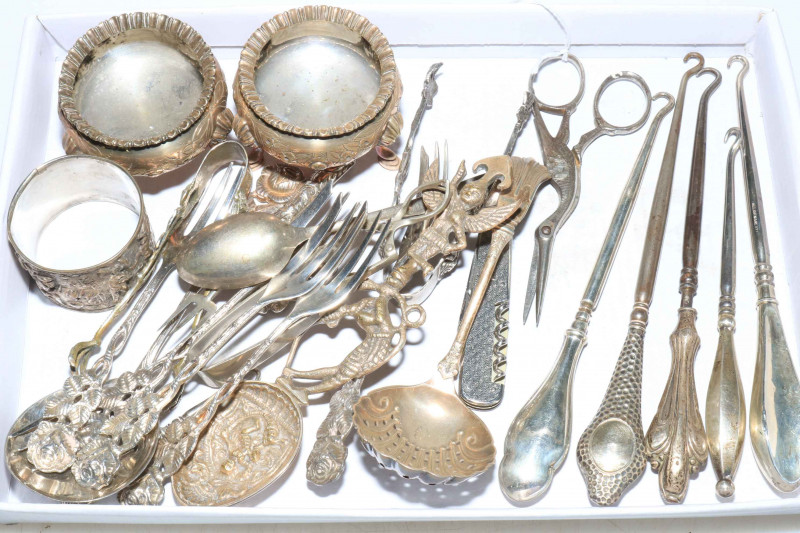 Collection of silver and EP including silver handled button hooks, Continental flatware, Staybright pocket knife, etc.