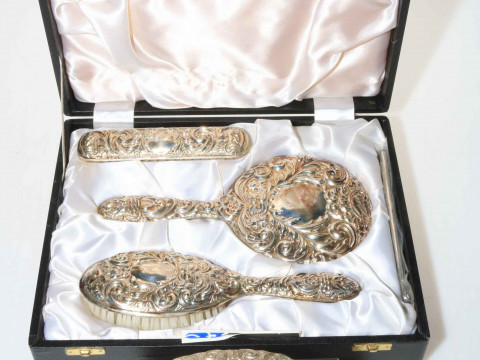 Embossed silver brush and mirror set, and gents hair brush, both boxed...