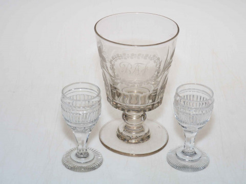 Handsome large 19th Century rummer, and pair of cut glass sherry goblets.
