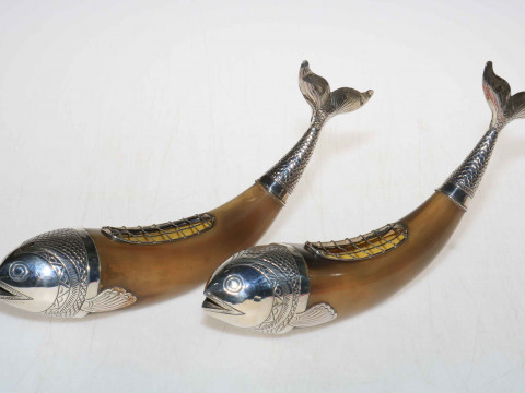 Two Continental silver mounted horn table posies in the form of fish,...