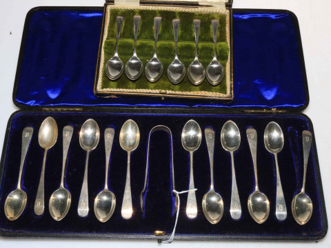 Cased set of twelve silver teaspoons with tongs, Sheffield 1899, and cased...