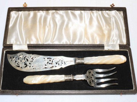 Good Victorian silver and mother of pearl fish servers, with engraved...