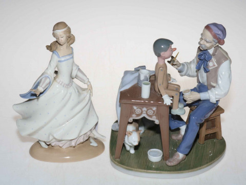 Lladro Pinocchio 5396 and Cinderella 4828 figures.
