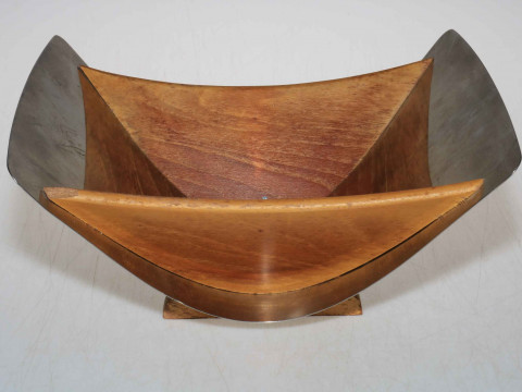 Mid Century Arthur Salm (Swedish) stainless steel and teak fruit bowl,...