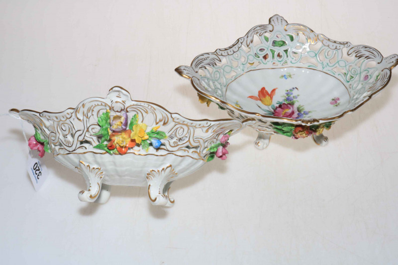 Pair of Dresden pierced baskets, 12cm high.