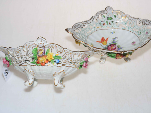 Pair of Dresden pierced baskets, 12cm high.