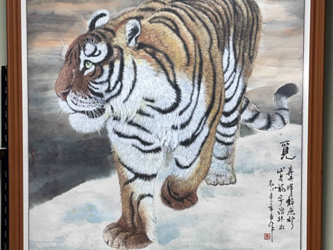 1920's Chinese painting of a tiger, 100cm by 96.5cm including frame.