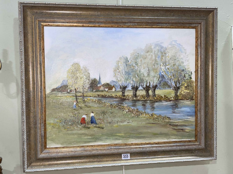 C.G. Tuesley, Figures in a River Landscape, oil on board, signed lower...
