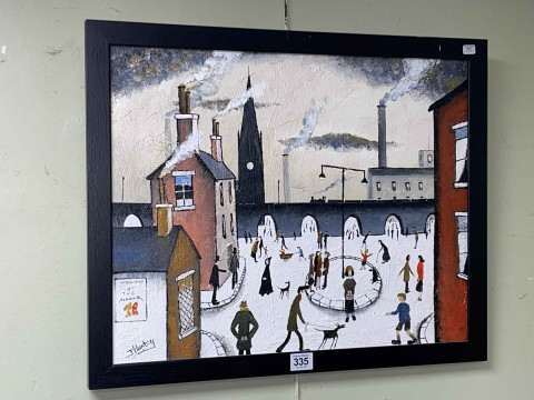 J. Hanley, Figures in Industrial Town, oil on canvas, signed lower left,...
