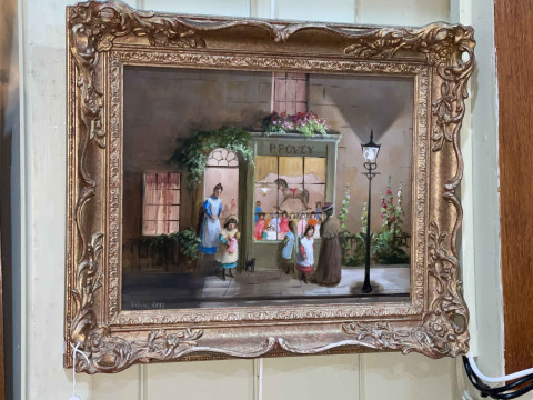 Deborah Jones, Figures Outside a Toyshop, oil on board, signed lower left,...