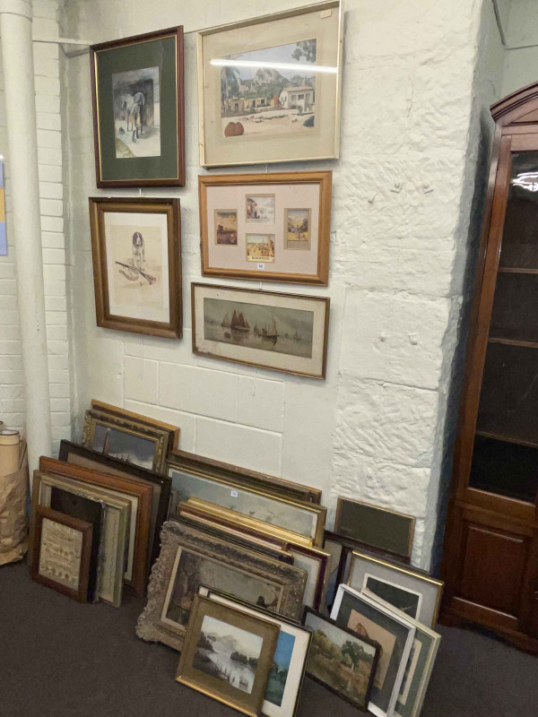 Large collection of pictures including watercolours, oils, prints, sampler, etc.