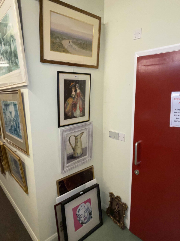 Collection of eight various pictures including shepherd and sheep watercolour, Marilyn Monroe print, etc.