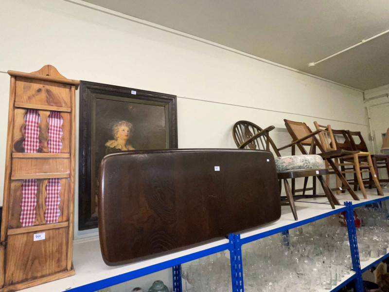 Pair rush seated chapel chairs, Ercol Fleur De Lys back armchair, rectangular Ercol coffee table, cane panelled folding chair, beech side chair, Bubbles print and French pine baguette holder (8).