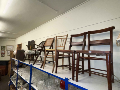 Pair rush seated chapel chairs, Ercol Fleur De Lys back armchair, rectangular...