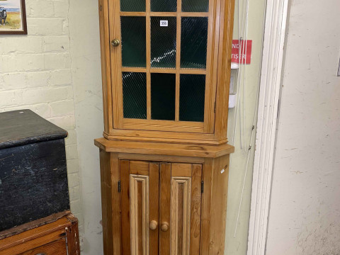 Pine glazed panel top double corner cabinet, 198cm.