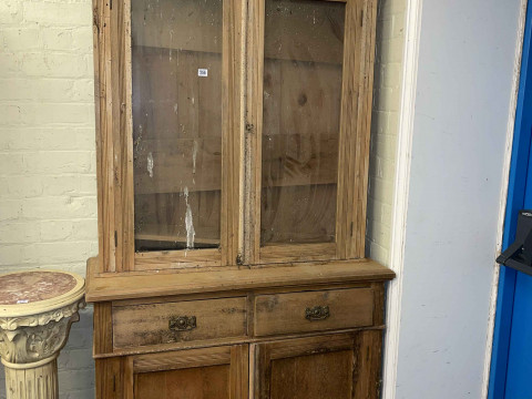 Victorian pine glazed door top cabinet bookcase, reeded column pedestal...