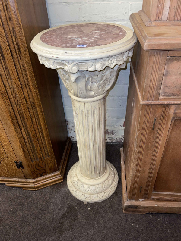 Victorian pine glazed door top cabinet bookcase, reeded column pedestal and spinning wheel (3).