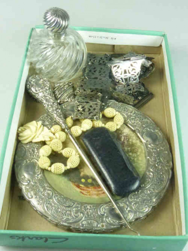 Silver Topped Scent Bottle, Silver Handled Button Hook, Carved Ivory Necklace etc