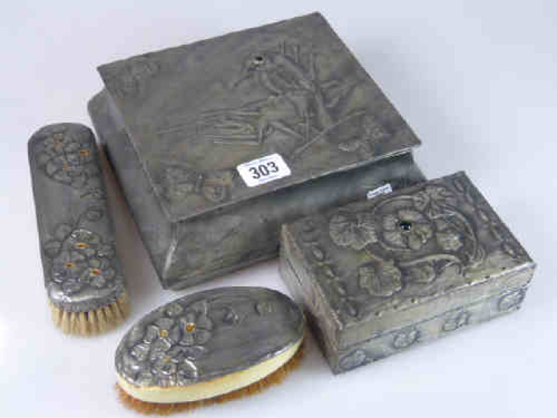 Two Art Nouveau Pewter Boxes and Two Pewter Brushes (4)