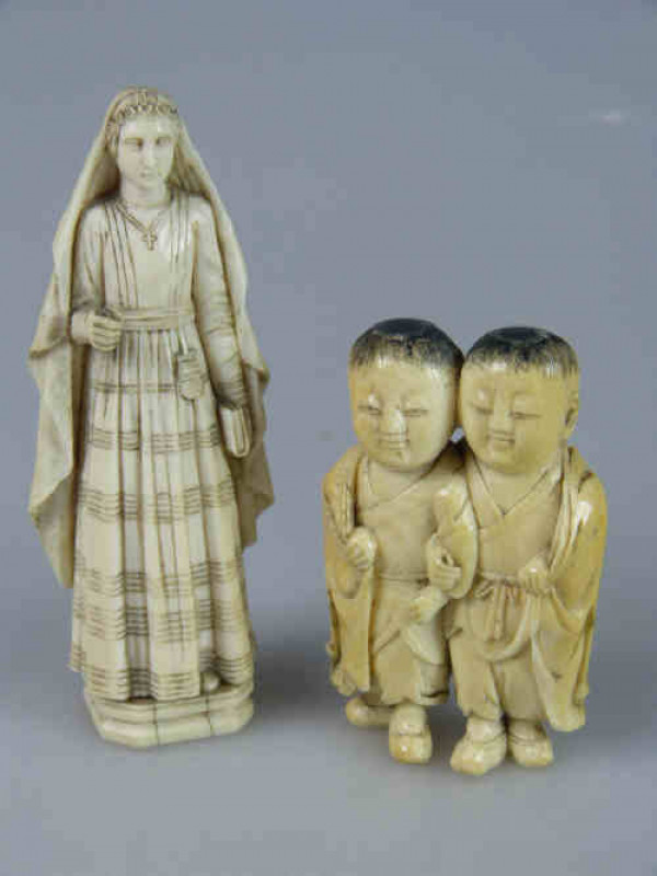 Japanese Carved Ivory Figure Group Circa 1900; And Another Carved Ivory Figure (2)