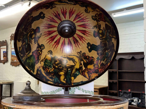 Revolving Latin globe cocktail cabinet on pedestal stand. thumbnail