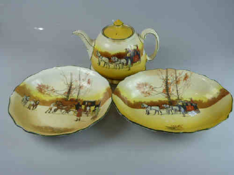 Royal Doulton Coaching Series Teapot on Stand and Two Bowls