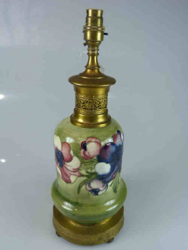 Moorcroft Pottery Table Lamp Decorated with Anemone on Green Ground