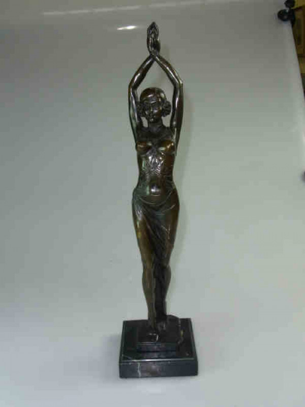 Bronze Art Deco Style Female Dancing Lady on Marble Base, bearing signature A Leonard, 49cm high